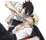  2boys bandaged_wrist bandages bandaid bandaid_on_arm bandaid_on_cheek bandaid_on_face black_hair black_headband black_jacket black_pants blonde_hair blue_eyes clenched_teeth clothes_grab collared_shirt commentary facial_mark furrowed_brow hand_in_another's_hair headband highres holding holding_hands holding_jewelry holding_necklace jacket jewelry male_focus multiple_boys naruto_(series) naruto_shippuuden necklace neckwear_grab okbdko123 open_clothes open_shirt pale_skin pants pectorals shirt short_hair sleeves_rolled_up spiked_hair teeth uchiha_sasuke untranslatable_commentary upper_body uzumaki_naruto whisker_markings white_background white_shirt 