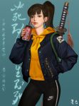  1girl aqua_background artist_name bangs black_eyes black_hair blue_jacket blunt_bangs can casual coca-cola contemporary drinking drinking_straw english_commentary genderswap genderswap_(mtf) green_rope hand_in_pocket high_ponytail hilt holding holding_can holding_drink hood hood_down jacket kogseu korean_text lips lipstick looking_at_viewer makeup nike open_clothes open_jacket over_shoulder pants partially_translated patch ponytail real_life rope sheath sidelocks signature solo south_korean_flag standing sword sword_over_shoulder track_pants translation_request weapon weapon_over_shoulder yellow_hoodie yi_sun-sin 