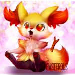  1:1 2016 ambiguous_gender black_body black_fur braixen canid canine cute_fangs ear_tuft fangs fur mammal nintendo open_mouth pawpads pink_background pok&eacute;mon pok&eacute;mon_(species) prepawsterous red_body red_eyes red_fur red_nose red_pawpads signature simple_background sitting solo tuft video_games white_body white_fur yellow_body yellow_fur young 