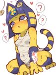  &lt;3 3:4 ? animal_crossing ankha_(animal_crossing) anthro blue_hair blush bodily_fluids breasts digital_media_(artwork) domestic_cat egyptian felid feline felis female fukurou0807 fur hair hi_res hypnosis mammal mind_control nintendo open_mouth simple_background solo sweat uraeus video_games yellow_body 