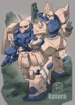  absurdres commentary_request drum_magazine full_body gelgoog grass grey_background gun gundam highres holding holding_gun holding_weapon k_katora magazine_(weapon) mecha mecha_focus mobile_suit no_humans robot salute scope two-finger_salute weapon zaku_ii zeon 