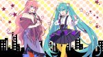  2girls :d ahoge aqua_eyes aqua_hair aqua_nails bangs bare_shoulders black_choker black_skirt blue_eyes braid choker commentary_request crown_braid earrings eye_contact eyebrows_visible_through_hair feet_out_of_frame frilled_skirt frills hair_ornament hair_pom_pom hand_up hatsune_miku high-waist_skirt holding holding_microphone jewelry long_hair long_sleeves looking_at_another megurine_luka microphone multiple_girls off-shoulder_shirt off_shoulder open_mouth pantyhose pink_hair pom_pom_(clothes) puffy_long_sleeves puffy_sleeves purple_skirt red_legwear shawl shirt skirt smile star_(symbol) very_long_hair vocaloid white_shirt yellow_legwear yoshiki 