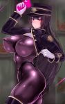  1girl black_bodysuit black_hair bodysuit breasts covered_nipples cowboy_shot glowing glowing_eyes glowing_weapon hat impossible_bodysuit impossible_clothes large_breasts looking_at_viewer original peaked_cap purple_eyes shiny shiny_clothes shrug_(clothing) skin_tight skindentation thighhighs turtleneck uni96_(uknee96) weapon 