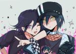  2boys arm_on_another's_shoulder beluckylucky black_hair blush checkered_clothes danganronpa_(series) danganronpa_v3:_killing_harmony fishnet_top fishnets flipped_hair grey_background hair_between_eyes hat index_finger_raised layered_clothes leaning_on_person looking_at_viewer lower_eyelashes_only male_focus multiple_boys off_shoulder oma_kokichi one_eye_closed print_shirt purple_eyes purple_hair ringed_eyes saihara_shuichi shirt short_hair simple_background splatter star_(symbol) t-shirt undershirt upper_body yellow_eyes 