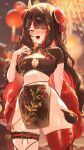  1girl absurdres aerial_fireworks black_hair black_shirt black_skirt blurry blurry_background blush breasts chinese_clothes cleavage cleavage_cutout clothing_cutout colored_inner_hair crop_top english_commentary feather_boa fireworks hand_up highres horns lantern large_breasts long_hair looking_at_viewer midriff mila_(milaart12) multicolored_hair no_panties open_mouth orange_eyes original paper_lantern pelvic_curtain red_thighhighs shirt short_sleeves single_thighhigh skindentation skirt smile solo streaked_hair thick_thighs thigh_strap thighhighs thighs two-tone_hair very_long_hair 