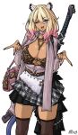  1girl ;d absurdres animal_ear_fluff animal_ears animal_print arknights bag blonde_hair bra breasts brown_thighhighs commentary dark-skinned_female dark_skin double_gyaru_v ear_piercing furauji gyaru gyaru_v highres huge_breasts jacket multicolored_hair one_eye_closed open_clothes open_jacket piercing pink_eyes plaid_clothes plaid_skirt print_bra shoulder_bag skirt smile solo streaked_hair sword sword_on_back tail thighhighs tiger_print underwear utage_(arknights) v weapon weapon_on_back 