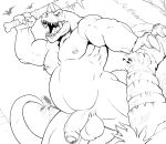  2020 abelisaurid absurd_res anthro badcoyote balls bat_(object) black_and_white carnotaurus claws digital_media_(artwork) dinosaur facial_piercing genitals glans hi_res holding_object holding_weapon horn humanoid_genitalia humanoid_penis male monochrome musclegut muscular muscular_male nailed_bat nipple_piercing nipples nose_piercing nude open_mouth outside palm_tree pecs penis piercing pterosaur reptile scalie sharp_teeth simple_background solo spikes teeth theropod tree uncut vein weapon white_background 