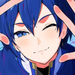  1boy arms_up ben-day_dots blue_background blue_eyes blue_hair close-up closed_mouth commentary_request double-parted_bangs hair_between_eyes kaito_(vocaloid) male_focus one_eye_closed screentones smile solo unzipped uzuki_sena vocaloid 