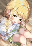  1girl :d blonde_hair blush braid commentary feet_out_of_frame fujita_kotone gakuen_idolmaster green_shorts heart highres idolmaster long_hair looking_at_viewer open_mouth puff_of_air shinshin_(ssnsn_oekaki) shirt short_sleeves shorts sitting smile solo sweat swept_bangs twin_braids white_shirt wooden_floor yellow_eyes 
