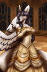  2020 ballroom black_hair blue_eyes canid canine clothing detailed_background digital_media_(artwork) dress eyebrows eyelashes feathered_wings feathers hair hi_res hybrid looking_at_viewer mammal vashaa wings 