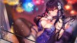  1girl against_glass alternate_costume azuma_(azur_lane) azur_lane bare_shoulders black_hair black_legwear blush breasts brown_eyes cleavage eyebrows_visible_through_hair flower garter_straps glass hair_between_eyes hair_flower hair_ornament hatoyama_itsuru heart large_breasts long_hair looking_at_viewer night rain sitting sleepwear solo thighhighs very_long_hair water_drop white_flower 