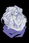  1boy 1girl aerith_gainsborough black_background black_nails breasts closed_eyes couple ehesiocnarf final_fantasy final_fantasy_vii hand_in_another's_hair hand_on_another's_back hashtag-only_commentary hetero highres long_hair medium_breasts nail_polish parted_bangs sephiroth topless_female topless_male wavy_hair 