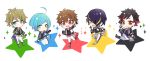  5boys :d ahoge aqua_eyes bangs belt black_hair blonde_hair blue_footwear blue_hair boots brown_hair chibi clenched_hand closed_mouth ensemble_stars! fingerless_gloves full_body gloves green_eyes green_footwear grin hair_over_one_eye highres idol kneeling looking_at_viewer male_focus morisawa_chiaki multicolored_hair multiple_boys nagumo_tetora no_nose open_mouth pants red_eyes red_footwear red_hair ryuuseitai sengoku_shinobu shinkai_kanata simple_background smile sparkle standing standing_on_one_leg star_(symbol) streaked_hair swept_bangs symbol_commentary takamine_midori two-tone_hair v white_background white_pants yellow_eyes yellow_footwear yoshiki 