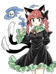  animal_ears black_bow black_dress bow braid cat_ears cat_girl cat_tail chups closed_mouth cowboy_shot dress extra_ears eyebrows_visible_through_hair fire frilled_dress frilled_sleeves frills green_frills hitodama kaenbyou_rin looking_at_viewer multiple_tails pyrokinesis red_eyes red_hair red_neckwear tail touhou twin_braids two_tails white_background 