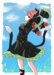  animal_ears black_bow black_dress black_ribbon bow bubble cat_ears cat_girl cat_tail chups closed_mouth dress extra_ears eyebrows_visible_through_hair fang frilled_dress frilled_sleeves frills green_frills highres kaenbyou_rin looking_at_viewer multiple_tails outdoors red_eyes red_hair red_neckwear ribbon sky stretch tail touhou two_tails 