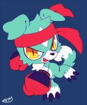  2018 accessory black_claws blue_background blue_body blue_fur boxing_gloves claws clothing digimon digimon_(species) extyrannomon_(artist) fangs fur gaomon handwear headband signature simple_background slit_pupils toe_claws white_body white_fur white_inner_ear yellow_eyes 