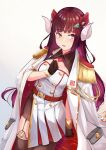  1girl asymmetrical_clothes asymmetrical_dress azur_lane belt black_gloves breasts buttons coat coat_on_shoulders colored_inner_hair commentary_request curled_horns dress flower gloves hair_flower hair_ornament hand_on_own_chest highres horns large_breasts light_blush light_smile long_hair long_sleeves multicolored_hair purple_eyes red_belt red_flower shochiku simple_background single_leg_pantyhose single_thighhigh skirt solo suruga_(azur_lane) thighhighs thighs two-tone_hair white_background white_dress white_skirt 