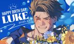  1boy balloon blue_eyes brown_hair commentary_request daisy_(flower) dated flower forked_eyebrows grin happy_birthday highres lily_of_the_valley luke_sullivan male_focus multiple_scars one_eye_closed prat_rat scar scar_across_eye scar_on_cheek scar_on_face short_hair shoulder_tattoo sleeveless sleeveless_jacket smile solo star_(symbol) street_fighter street_fighter_6 tattoo white_flower yellow_flower 