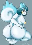 anthro areola big_breasts big_butt big_tail black_nose blue_body blue_fur blue_hair bratcatt breasts brown_eyes butt colored_nails eyelashes feet female fur generation_4_pokemon grey_background grey_nails hair heart_eyes heart_symbol hi_res huge_butt kneeling looking_back nails nintendo nipples nude pachirisu pokemon pokemon_(species) rear_view short_hair simple_background solo tail white_body white_fur yellow_areola yellow_nipples