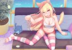  animal_ears blonde_hair blush breasts catgirl cleavage couch hungrydurp orange_eyes original shorts tail thighhighs third-party_edit tiffy watermark 