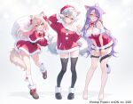  2025 3girls :d ahoge animal_ear_fluff animal_ears bare_legs barefoot bell black_boots black_thighhighs blue_eyes blush boots bow breasts cat_ears cat_girl cat_tail cleavage commentary_request copyright_name copyright_notice dog_ears dog_tail dress fang full_body fur-trimmed_boots fur-trimmed_dress fur-trimmed_thighhighs fur_trim futaai_shia hair_between_eyes hands_on_own_thighs hands_up heterochromia highres holding holding_sack kneehighs knees lace-trimmed_dress lace_thigh_strap lace_trim large_breasts leaning_forward long_hair looking_at_viewer madoromi_ichino mole mole_under_eye multicolored_hair multiple_girls nail_polish neck_bell neck_ribbon nun_9 off-shoulder_dress off_shoulder open_mouth orange_eyes parted_bangs paw_pose pink_eyes purple_hair red_bow red_dress red_ribbon ribbon sack santa_costume santa_dress short_dress short_hair simple_background single_off_shoulder smile socks standing streaked_hair sukiyabashi_renge tail thick_eyebrows thigh_strap thighhighs thighs toenails tsurime two_side_up vebop_project virtual_youtuber white_background white_hair white_socks yellow_eyes zettai_ryouiki 