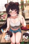  >_< 1girl alternate_costume animal animal_ears arm_support artist_name baby_mn9 banken_(inui_toko) bare_arms bare_legs bare_shoulders blue_shorts blurry blurry_foreground blush brain_freeze breasts brown_hair cleavage commentary_request cup dog_ears drink drinking_glass eating eyelashes fang fanning_face feet_out_of_frame food glass_door hand_up heterochromia highres holding holding_food holding_popsicle hot inui_toko jewelry large_breasts long_hair looking_at_viewer midriff navel nijisanji no_tail nose_blush open_mouth pendant ponytail popsicle porch raised_inner_eyebrows red_eyes shorts sitting squiggle summer sweat tank_top taut_clothes thigh_gap tray trembling twitter_username very_long_hair virtual_youtuber white_tank_top yellow_eyes 