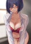  1girl absurdres ass_visible_through_thighs blue_hair blurry blurry_background bra breasts brown_eyes cleavage collarbone collared_shirt commentary_request depth_of_field glasses highres indoors leaning_forward long_sleeves looking_at_viewer navel nijisanji open_clothes open_shirt panties parted_lips pink_bra pink_panties red-framed_eyewear seductive_smile see-through semi-rimless_eyewear shirt shizuka_rin short_hair skysign_ft smile solo thigh_gap under-rim_eyewear underwear white_shirt window 