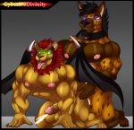  anthro balls biceps bodily_fluids cum duo enemies felid friends genital_fluids genitals god_of_starsheart12 hi_res hyaenid hyenajack lion male male/male mammal muscular nipples onallfours osmund pantherine pecs penis sex wings 