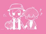  ... 2boys ? ?? alternate_costume blue_lock character_doll chibi chibi_only collared_shirt commentary cropped_torso doll hat holding holding_doll holding_hands isagi_yoichi male_focus michael_kaiser multiple_boys outline pants pcal_pcal pink_background pink_theme shirt smile striped_clothes striped_pants sweater_vest vertical-striped_clothes vertical-striped_pants vest yaoi 