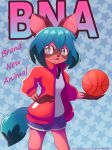  absurd_res anthro ball basketball_(ball) black_nose blue_body blue_eyes blue_fur blue_hair brand_new_animal brown_body brown_fur canid canine clothed clothing cute_fangs female fluffy fluffy_tail fur gummymonowo hair hand_on_hipe hi_res jacket mammal michiru_kagemori open_mouth portrait raccoon_dog solo studio_trigger tanuki three-quarter_portrait topwear 