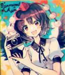  1girl :d black_hair black_ribbon black_wings camera character_name collared_shirt commentary day hat holding holding_camera kirero leaf looking_at_viewer open_mouth outdoors pom_pom_(clothes) red_eyes ribbon shameimaru_aya shirt short_hair short_sleeves smile solo tokin_hat touhou traditional_media upper_body white_shirt wings 