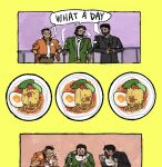  3boys against_railing beard black_jacket bowl chopsticks commentary disco_elysium eating facial_hair food fufufu484 glasses gloves green_jacket harry_du_bois highres holding holding_chopsticks jacket jean_vicquemare kim_kitsuragi looking_at_another male_focus multiple_boys mutton_chops noodles orange_gloves orange_jacket railing ramen shared_speech_bubble shirt smoke smoke_trail smoking softboiled_egg speech_bubble steaming_food suit_jacket untranslatable_commentary white_shirt 