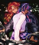  2girls :d aegyo_sal alternate_skin_color arm_support backlighting belt black-framed_eyewear black_hair black_jacket black_sky blonde_hair blue_eyes blunt_bangs blunt_ends blush breasts brown_belt brown_gloves building commentary cowboy_shot crescent crescent_earrings curtained_hair dark-skinned_female dark_skin double-parted_bangs ear_piercing earrings english_commentary from_behind glasses gloves grin hair_between_eyes hair_ornament hairband hairclip hand_on_another's_thigh heart heart_hair_ornament highres jacket jewelry kouxhii lips long_hair long_sleeves looking_at_viewer looking_back miniskirt motor_vehicle motorcycle multicolored_hair multiple_girls my_little_pony my_little_pony:_equestria_girls my_little_pony:_friendship_is_magic night on_motorcycle parallel_hairclips piercing pink_hair plaid_clothes plaid_hairband plaid_skirt pleated_skirt puffy_long_sleeves puffy_sleeves purple_eyes purple_hair purple_hairband purple_skirt purple_sweater_vest realistic rectangular_eyewear red_hair school_uniform sci-twi shiny_clothes shirt sidelocks sideways_glance silver_earrings sitting skirt sky sleeves_past_wrists small_breasts smile straight_hair streaked_hair sunset_shimmer sunset_shimmer_(human) sweater_vest thick_eyebrows twilight_sparkle twitter_username two-tone_hair underlighting very_dark_skin wavy_hair white_shirt 