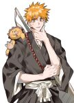  1boy 1other absurdres belt black_kimono bleach brown_eyes commentary cowboy_shot furrowed_brow hair_between_eyes hand_on_own_chin highres japanese_clothes kimono kon_(bleach) kurosaki_ichigo male_focus orange_hair parted_lips shihakusho short_hair spiked_hair stuffed_animal stuffed_lion stuffed_toy sweatdrop sword sword_on_back untranslatable_commentary weapon weapon_on_back white_background white_belt xi_luo_an_ya 