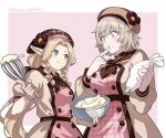  2girls apron batter blonde_hair blush brown_hat brown_neckerchief chef commentary dungeon_meshi elf falin_touden falin_touden_(tallman) finger_to_mouth flower food food_on_face gloves green_eyes hair_around_ear hat hat_flower highres holding holding_pastry_bag holding_whisk index_finger_raised licking licking_finger licking_own_finger long_hair long_sleeves looking_at_another marcille_donato medium_hair mixing_bowl multiple_girls neckerchief nezu1495821 pastry_bag patissier pink_background plump pointy_ears puffy_short_sleeves puffy_sleeves short_sleeves signature tasting whisk yellow_eyes 