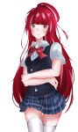  1girl absurdres ahoge alternate_costume alternate_hairstyle black_vest blue_skirt blush bow bowtie breasts closed_mouth commentary cowboy_shot crossed_arms demise_(official_makuu) english_commentary highres kureiji_ollie_(living) long_hair looking_at_viewer miniskirt multicolored_hair olivia_(kureiji_ollie) pink_streaks plaid_clothes plaid_skirt pleated_skirt red_bow red_bowtie red_eyes red_hair school_uniform shirt short_sleeves simple_background skirt small_breasts smile solo straight_hair streaked_hair thighhighs vest white_background white_shirt white_thighhighs zettai_ryouiki 