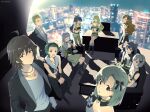 3boys 6+girls ahoge amagase_touma artist_name blonde_hair bow brown_hair cityscape commentary cup ganaha_hibiki green_hair hair_bow highres hoshii_miki idol idolmaster idolmaster_(classic) idolmaster_side-m ijuuin_hokuto jewelry jupiter_(idolmaster) mintpmintp mitarai_shouta multiple_boys multiple_girls ponytail shijou_takane shirt skirt smile twintails 