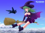  1girl above_clouds aircraft airplane akira_m artist_name belt black_belt black_boots black_gloves blue_sky boots breasts broom broom_riding cape cleavage cloud colored_skin contrail crop_top dated day elbow_gloves fighter_jet fingerless_gloves full_body gloves gradient_cape green_hair hat long_hair medium_breasts midriff military_vehicle miniskirt open_mouth original outdoors pink_eyes purple_cape purple_hat purple_shirt purple_skin purple_skirt shirt sidelocks skirt sky smile solo strapless strapless_shirt teeth upper_teeth_only vehicle_request web_address witch witch_hat 