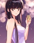  1girl bare_shoulders black_hair blunt_bangs breasts brown_eyes champagne_flute closed_mouth commentary_request cup dress drinking_glass highres hime_cut holding holding_cup inuyasha kikyou_(inuyasha) light_smile long_hair looking_at_viewer medium_breasts moonlichi purple_background purple_dress sidelocks solo straight_hair strapless strapless_dress upper_body watermark 