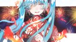  1girl aerial_fireworks animal bangs blue_eyes blue_hair blurry blurry_foreground candy_apple commentary depth_of_field eyebrows_visible_through_hair fireworks fish floral_print food goldfish hair_ornament hair_over_one_eye hatsune_miku heremia highres holding holding_food japanese_clothes kimono long_hair looking_at_viewer parted_lips print_kimono red_kimono smile solo twintails upper_body upper_teeth vocaloid 