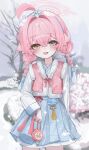  1girl absurdres ahoge alternate_costume alternate_hair_length alternate_hairstyle blue_archive blue_eyes blue_hairband blue_skirt blush braid chii_(k_ung) commentary day fur-trimmed_vest fur_trim hair_between_eyes hairband halo heterochromia highres holding hoshino_(blue_archive) long_sleeves looking_at_viewer open_mouth outdoors pink_hair pink_halo pink_vest short_hair_with_long_locks skirt snow snowing solo twin_braids vest yellow_eyes 