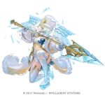  1girl blonde_hair blue_eyes breasts brooch cape capelet commentary_request copyright_notice earrings emblem fire_emblem fire_emblem_heroes fjorm_(fire_emblem) fjorm_(icy_miracle)_(fire_emblem) fur-trimmed_cape fur_hat fur_trim gloves green_eyes hat holding holding_polearm holding_weapon ice ice_skates ice_wings jewelry maeshima_shigeki medium_breasts multicolored_hair official_alternate_costume official_art on_one_knee parted_lips polearm short_hair short_hair_with_long_locks skates solo thighhighs torn_cape torn_clothes weapon white_capelet wings 