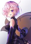  1girl armor armored_dress bangs bare_shoulders black_dress blush breasts commentary_request dress elbow_gloves eyebrows_visible_through_hair eyes_visible_through_hair fate/grand_order fate_(series) from_side gloves hair_over_one_eye highres holding_shield large_breasts lavender_hair looking_at_viewer mash_kyrielight niyu_n_iyun open_mouth pink_hair purple_eyes purple_hair shield short_hair signature smile solo upper_teeth 