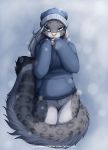  alicia_(jay_naylor) anthro blue_eyes blush bottomless clothed clothing conditional_dnp felid female fluffy fluffy_tail grey_hair hair hi_res hoodie jay_naylor looking_at_viewer mammal pantherine snow_leopard solo text topwear url winter_hat 