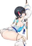  1girl absurdres ass baicha bangs black_hair blue_eyes blush breasts dress fate/grand_order fate/requiem fate_(series) fundoshi highres holding japanese_clothes large_breasts looking_at_viewer looking_back magatama_hair_ornament multicolored_hair nipples short_dress short_hair sideboob simple_background sitting solo staff streaked_hair utsumi_erise wariza white_background 