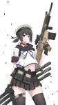  1girl absurdres adapted_costume assault_rifle black_eyes black_gloves black_hair black_sailor_collar black_skirt character_name clothes_writing contrapposto cowboy_shot fn_scar fubuki_(kantai_collection) gloves gun handgun hat highres holster kantai_collection looking_at_viewer low_ponytail pistol pleated_skirt ponytail remodel_(kantai_collection) rifle rynn_(user_rkgs8583) sailor_collar sailor_hat school_uniform serafuku short_ponytail sidelocks simple_background skirt solo stanag_magazine standing thighhighs vertical_foregrip weapon weapon_request white_background white_headwear 