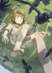  1girl angel_wings barefoot bird brown_eyes brown_hair commentary_request crow dress falling falling_feathers feathered_wings feathers foot_out_of_frame grey_wings haibane_renmei halo highres kuthi0510 messy_hair orange_sailor_collar parted_lips rakka_(haibane_renmei) sailor_collar short_hair short_sleeves solo traditional_halo white_dress wings 