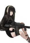  ar-15 bcm_mcmr black_dress brown_eyes brown_hair commentary_request dress girls'_frontline gun highres holding holding_gun holding_weapon m4a1_(girls'_frontline) ningen_(ningen96) rifle sandals sitting solo taran_tactical_innovations weapon white_background 