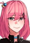  1girl absurdres bob_cut bocchi_the_rock! close-up closed_mouth color_connection commentary_request cosplay gotoh_hitori gotoh_hitori_(cosplay) grey_eyes hair_color_connection hair_ornament highres honkai_(series) honkai_impact_3rd looking_at_viewer pink_hair pyeong_il short_hair simple_background smile solo timido_cute upper_body white_background 