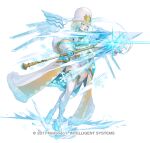  1girl attack blonde_hair blue_eyes breasts brooch cape capelet commentary_request copyright_notice earrings emblem fire_emblem fire_emblem_heroes fjorm_(fire_emblem) fjorm_(icy_miracle)_(fire_emblem) fur-trimmed_cape fur_hat fur_trim gloves green_eyes hat holding holding_polearm holding_weapon ice ice_skates ice_wings jewelry maeshima_shigeki medium_breasts multicolored_hair official_alternate_costume official_art open_mouth polearm short_hair short_hair_with_long_locks skates snowflakes solo thighhighs v-shaped_eyebrows weapon white_capelet wings 